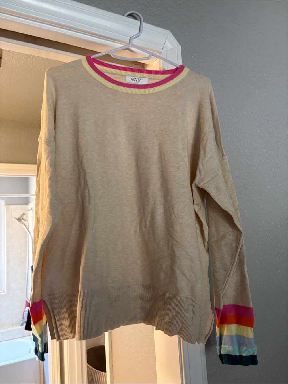 Avara Neutral Crewneck Sweater with Rainbow Trim